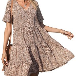 BTFBM V Neck Short Sleeve Casual Loose Cute Leopard Babydoll Shift Short Dresses